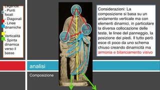Composizione
analisi
Legenda:
- Punti
focali
- Diagonali
- Linee
dinamiche
-
Verticalità
- Spinta
dinamica
verso il
basso
Considerazioni: La
composizione si basa su un
andamento verticale ma con
elementi dinamici, in particolare
la diversa collocazione delle
teste, le linee del panneggio, la
posizione dei piedi. Il tutto però
esce di poco da uno schema
chiuso creando dinamicità ma
armonia e bilanciamento visivo
 