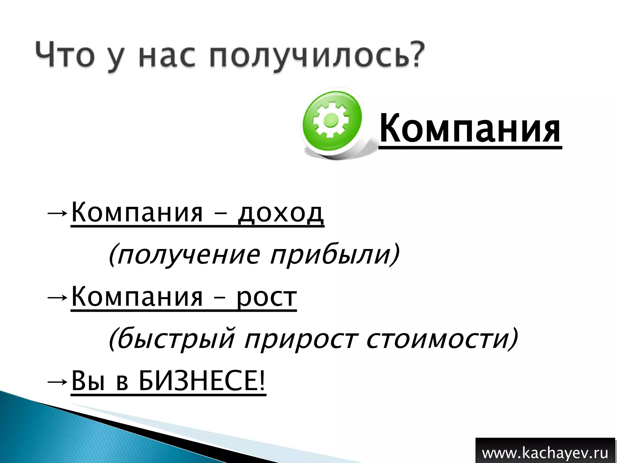 Компания Компания - доход (получение прибыли) Компания – рост (быстрый прирост стоимости) Вы в БИЗНЕСЕ! www.kachayev.ru 
