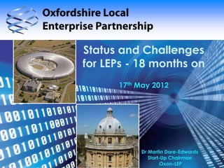 Status and Challenges
for LEPs - 18 months on
      17th May 2012




           Dr Martin Dare-Edwards
              Start-Up Chairman
                   Oxon-LEP
 