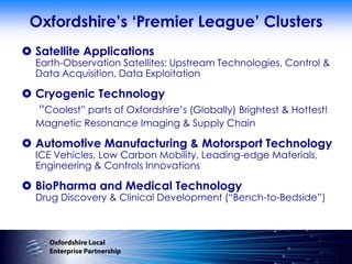 Oxfordshire‟s „Premier League‟ Clusters
 Satellite Applications
  Earth-Observation Satellites: Upstream Technologies, Control &
  Data Acquisition, Data Exploitation

 Cryogenic Technology
  “Coolest” parts of Oxfordshire’s (Globally) Brightest & Hottest!
  Magnetic Resonance Imaging & Supply Chain

 Automotive Manufacturing & Motorsport Technology
  ICE Vehicles, Low Carbon Mobility, Leading-edge Materials,
  Engineering & Controls Innovations

 BioPharma and Medical Technology
  Drug Discovery & Clinical Development (“Bench-to-Bedside”)
 