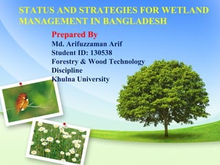 STATUS AND STRATEGIES FOR WETLAND
MANAGEMENT IN BANGLADESH
Prepared By
Md. Arifuzzaman Arif
Student ID: 130538
Forestry & Wood Technology
Discipline
Khulna University
 