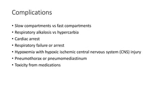 Complications
• Slow compartments vs fast compartments
• Respiratory alkalosis vs hypercarbia
• Cardiac arrest
• Respiratory failure or arrest
• Hypoxemia with hypoxic ischemic central nervous system (CNS) injury
• Pneumothorax or pneumomediastinum
• Toxicity from medications
 