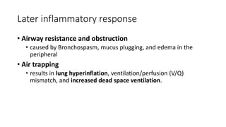 Later inflammatory response
• Airway resistance and obstruction
• caused by Bronchospasm, mucus plugging, and edema in the
peripheral
• Air trapping
• results in lung hyperinflation, ventilation/perfusion (V/Q)
mismatch, and increased dead space ventilation.
 