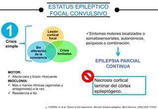 1 Lesión
cortical
focal
Crisis
limitadas
Sin
alteración
de la
conciencia
Síntomas motores localizados o
somatosensoriales, autonómicos,
psíquicos o combinación.Crisis
simple
EPILEPSIA PARCIAL
CONTINUA
Necrosis cortical
laminar del córtex
epileptógeno.
L. CORRAL-A, et al. Puesto al día Intesivismo: Revisión Estatus epiléptico. Med Intensiva. 2008;32(4):174-82
MOTOR:
 Afecta cara y brazo +frecuente
MIOCLONIA:
 Mas o menos rítmicas (agonistas y
antagonistas) a la vez.
 Resistencia a tto.
ESTATUS EPILEPTICO
FOCAL CONVULSIVO
 