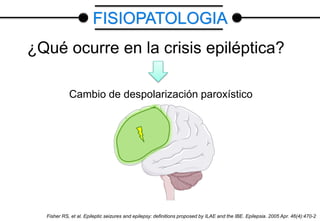 ¿Qué ocurre en la crisis epiléptica?
Cambio de despolarización paroxístico
Fisher RS, et al. Epileptic seizures and epilepsy: definitions proposed by ILAE and the IBE. Epilepsia. 2005 Apr. 46(4):470-2
FISIOPATOLOGIA
 