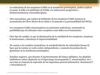La endocitosis de los receptores GABA en la membrana presinaptica, podría explicar en parte, la falla a la inhibición de GABA y la subsecuente progresión a farmacoresistencia a benzodiacepinas.  Otro mecanismo, que explica la inhibición de los receptores GABA incluyen la acumulación de Cloro dentro de la célula o el aumento a la permeabilidad del HCO3. Los receptores GABA extrasinapticos no presentan endocitosis, mostrando la posibilidad que al estimular estos receptores sean útiles en el tratamiento.  Otro tipo de cambio, es que la disminución de la cantidad de los receptores, mantiene la homeostasis y disminuye la hiperexcitabilidad.  En cuanto a los cambios enzimáticos, la autofosforilación de calmodulin kinasa II, hace que la enzima se vuelva calcio independiente, y aumenta la producción de glutamato en la membrana presinaptica.  Estudios sugieren, que durante el mantenimiento del status epiléptico, los péptidos inhibidores sufren depleción en el hipocampo (neuropeptido Y, somatostatina, etc.) así como se aumenta la expresión de las taquininas proconvulsionantes: Suastancia P y Neurokinina B.  Noe KH, Manno EM. Mechanisms underlying status epilepticus. Drugs Today (Barc) 2005;41:257-66.   