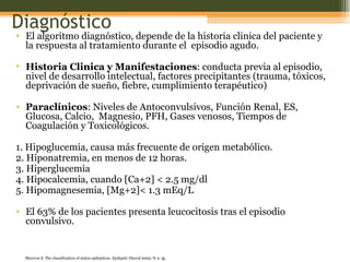 Diagnóstico El algoritmo diagnóstico, depende de la historia clinica del paciente y la respuesta al tratamiento durante el  episodio agudo.  Historia Clinica y Manifestaciones :  conducta previa al episodio, nivel de desarrollo intelectual, factores precipitantes (trauma, tóxicos, deprivación de sueño, fiebre, cumplimiento terapéutico) Paraclínicos : Niveles de Antoconvulsivos, Función Renal, ES, Glucosa, Calcio,  Magnesio, PFH, Gases venosos, Tiempos de Coagulación y Toxicológicos.  1. Hipoglucemia, causa más frecuente de origen metabólico. 2. Hiponatremia, en menos de 12 horas. 3. Hiperglucemia  4. Hipocalcemia, cuando [Ca+2] < 2.5 mg/dl 5. Hipomagnesemia, [Mg+2]< 1.3 mEq/L El 63% de los pacientes presenta leucocitosis tras el episodio convulsivo. Shorvon S. The classification of status epilepticus.  Epileptic Disord  2005;  7: 1–3. 