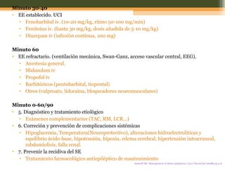 Minuto 30-40 EE establecido. UCI Fenobarbital iv. (10-20 mg/kg, ritmo 50-100 mg/min) Fenitoína iv. (hasta 30 mg/kg, dosis añadida de 5-10 mg/kg) Diazepam iv (infusión continua, 100 mg) Minuto 60 EE refractario. (ventilación mecánica, Swan-Ganz, acceso vascular central, EEG).  Anestesia general. Midazolam iv Propofol iv Barbitúricos (pentobarbital, tiopental) Otros (valproato, lidocaína, bloqueadores neuromusculares) Minuto 0-60/90 5. Diagnóstico y tratamiento etiológico Exámenes complementarios (TAC, RM, LCR...) 6. Correción y prevención de complicaciones sistémicas Hipoglucemia, Temperatura(Neuroprotectivo), alteraciones hidroelectrolíticas y  equilibrio ácido-base, hipotensión, hipoxia, edema cerebral, hipertensión intracraneal, rabdomiolisis, falla renal. 7. Prevenir la recidiva del SE Tratamiento farmacológico antiepiléptico de mantenimiento Aminoff MJ. Management of status epilepticus. Can J Neurol Sci 2008b;25:4-6. 