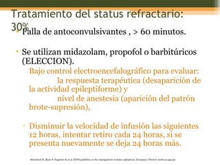 Tratamiento del status refractario: 30% Falla de antoconvulsivantes , > 60 minutos. Se utilizan midazolam, propofol o barbitúricos (ELECCION). Bajo control electroencefalográfico para evaluar: la respuesta terapéutica (desaparición de la actividad epileptiforme) y  nivel de anestesia (aparición del patrón brote-supresión),  Disminuir la velocidad de infusión las siguientes 12 horas, intentar retiro cada 24 horas, si se presenta nuevamente se deja 24 horas más. Meierkord H, Boon P, Engelsen B , et al. EFNS guideline on the management of status epilepticus.  European J Neurol. 2006;13:445-50 