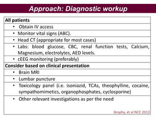 Approach: Diagnostic workup
All patients
• Obtain IV access
• Monitor vital signs (ABC).
• Head CT (appropriate for most cases)
• Labs: blood glucose, CBC, renal function tests, Calcium,
Magnesium, electrolytes, AED levels.
• cEEG monitoring (preferably)
Consider based on clinical presentation
• Brain MRI
• Lumbar puncture
• Toxicology panel (i.e. isoniazid, TCAs, theophylline, cocaine,
sympathomimetics, organophosphates, cyclosporine)
• Other relevant investigations as per the need
Brophy, et al NCC 2012
 