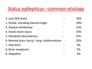 Status epilepticus –common etiology
1. Low AED levels - 35%
2. Stroke, including haemorrhagic - 20%
3. Alcohol withdrawal - 15%
4. Anoxic brain injury - 15%
5. Metabolic disturbances - 15%
6. Remote brain injury/ cong. malformations - 20%
7. Infections - 5%
8. Brain neoplasms - 5%
9. Idiopathic - 5%
 