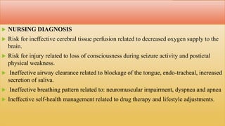  NURSING DIAGNOSIS
 Risk for ineffective cerebral tissue perfusion related to decreased oxygen supply to the
brain.
 Risk for injury related to loss of consciousness during seizure activity and postictal
physical weakness.
 Ineffective airway clearance related to blockage of the tongue, endo-tracheal, increased
secretion of saliva.
 Ineffective breathing pattern related to: neuromuscular impairment, dyspnea and apnea
 Ineffective self-health management related to drug therapy and lifestyle adjustments.
 