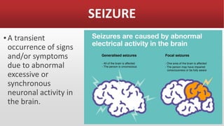 SEIZURE
▪A transient
occurrence of signs
and/or symptoms
due to abnormal
excessive or
synchronous
neuronal activity in
the brain.
 