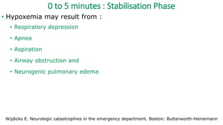 0 to 5 minutes : Stabilisation Phase
• Hypoxemia may result from :
• Respiratory depression
• Apnea
• Aspiration
• Airway obstruction and
• Neurogenic pulmonary edema
Wijdicks E. Neurologic catastrophies in the emergency department. Boston: Butterworth-Heinemann
 