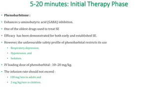 • Phenobarbitone :
• Enhances γ-aminobutyric acid (GABA) inhibition.
• One of the oldest drugs used to treat SE
• Efficacy has been demonstrated for both early and established SE.
• However, the unfavourable safety profile of phenobarbital restricts its use
• Respiratory depression,
• Hypotension, and
• Sedation.
• IV loading dose of phenobarbital : 10–20 mg/kg.
• The infusion rate should not exceed :
• 100 mg/min in adults and
• 2 mg/kg/min in children.
5-20 minutes: Initial Therapy Phase
 