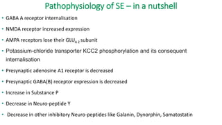 Pathophysiology of SE – in a nutshell
• GABA A receptor internalisation
• NMDA receptor increased expression
• AMPA receptors lose their GLUA 2 subunit
• Potassium-chloride transporter KCC2 phosphorylation and its consequent
internalisation
• Presynaptic adenosine A1 receptor is decreased
• Presynaptic GABA(B) receptor expression is decreased
• Increase in Substance P
• Decrease in Neuro-peptide Y
• Decrease in other inhibitory Neuro-peptides like Galanin, Dynorphin, Somatostatin
 