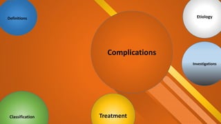 Definitions
Classification
Etiology
Investigations
Complications
Treatment
 