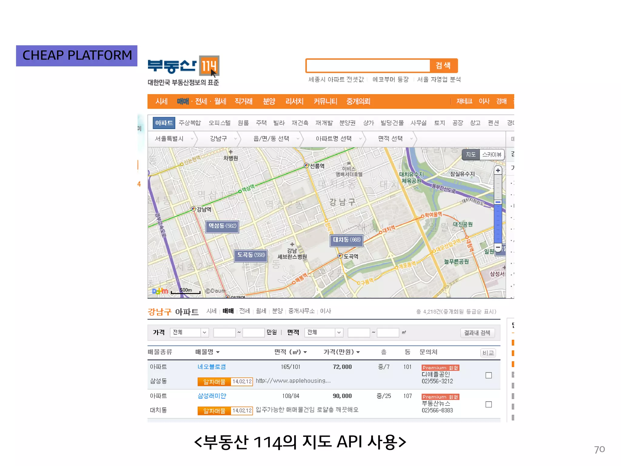 70 
<부동산 114의 지도 API 사용> 
CHEAP PLATFORM  