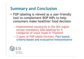 T
M
• FOP labeling is viewed as a user-friendly
tool to complement BOP NIPs to help
consumers make healthier food decision...