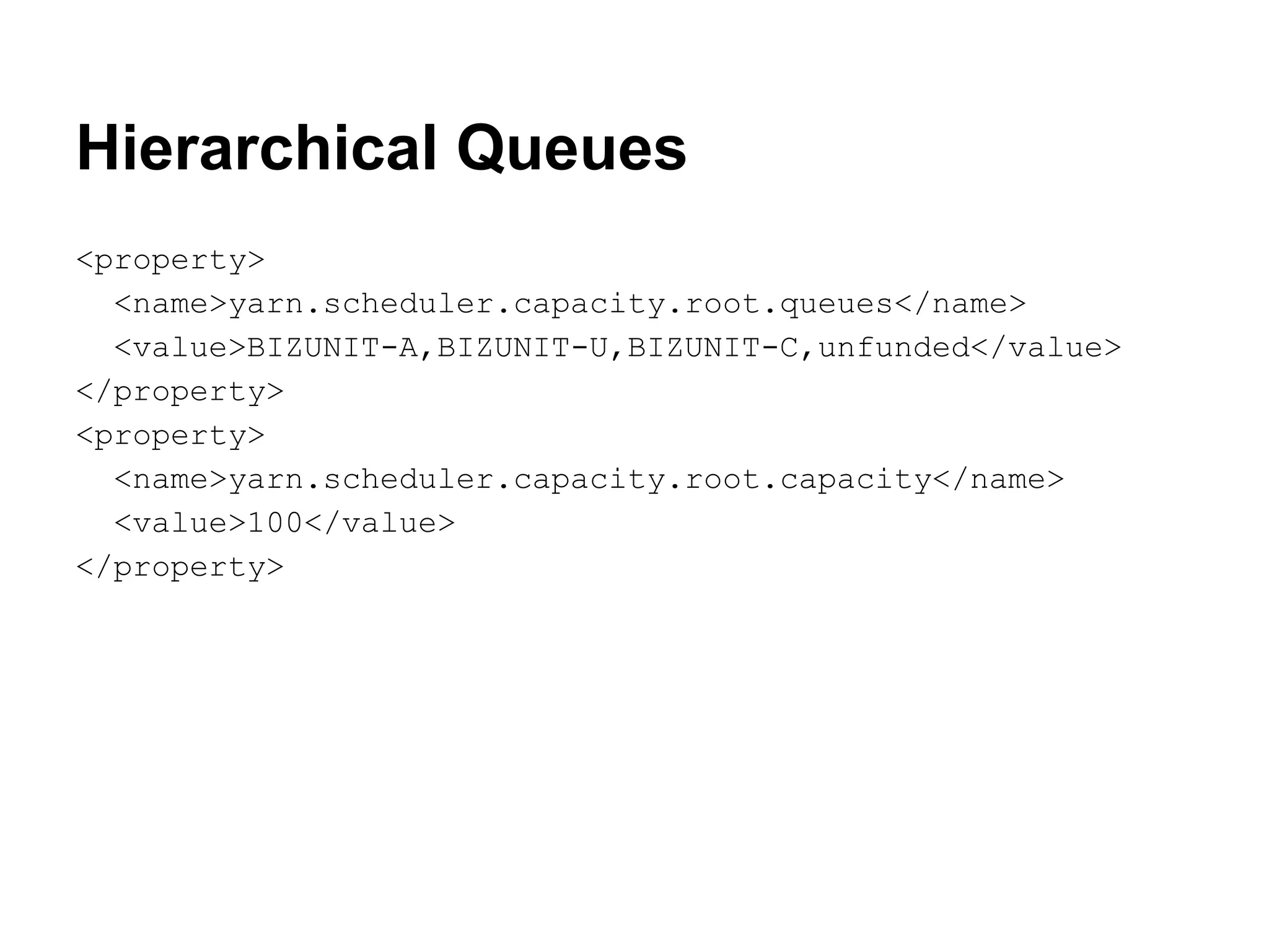 Hierarchical Queues
<property>
  <name>yarn.scheduler.capacity.root.queues</name>
  <value>BIZUNIT-A,BIZUNIT-U,BIZUNIT-C,unfunded</value>
</property>
<property>
  <name>yarn.scheduler.capacity.root.capacity</name>
  <value>100</value>
</property>
 