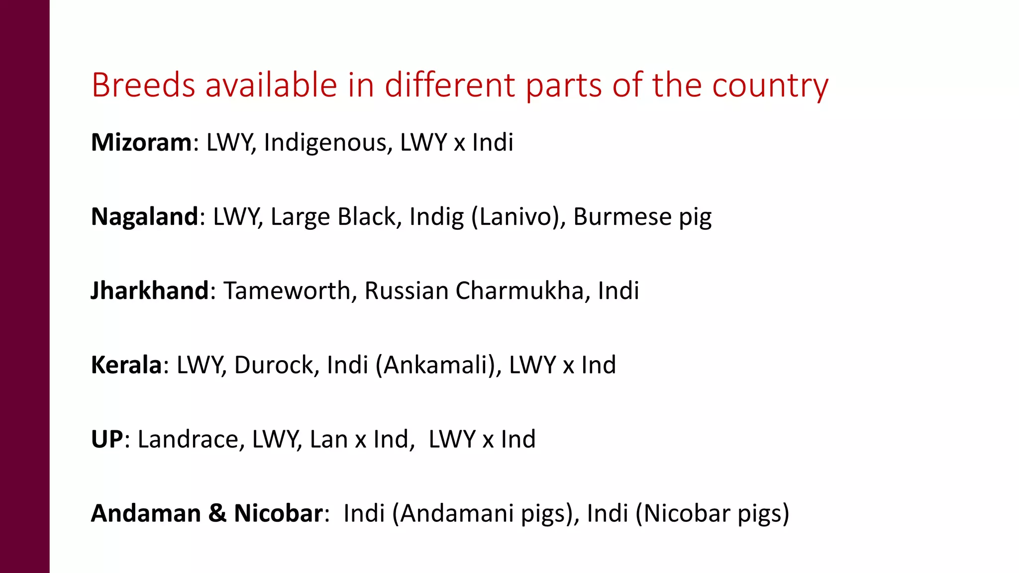 Breeds available in different parts of the country
Mizoram: LWY, Indigenous, LWY x Indi
Nagaland: LWY, Large Black, Indig (Lanivo), Burmese pig
Jharkhand: Tameworth, Russian Charmukha, Indi
Kerala: LWY, Durock, Indi (Ankamali), LWY x Ind
UP: Landrace, LWY, Lan x Ind, LWY x Ind
Andaman & Nicobar: Indi (Andamani pigs), Indi (Nicobar pigs)
 