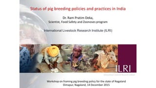 Status of pig breeding policies and practices in India
Dr. Ram Pratim Deka,
Scientist, Food Safety and Zoonoses program
International Livestock Research Institute (ILRI)
Workshop on framing pig breeding policy for the state of Nagaland
Dimapur, Nagaland, 14 December 2015
 