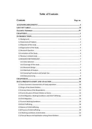Table of Contents
Contents Page no.
ACKNOWLEDGEMENT........................................................................................... I
LIST OF TABLE ........................................................................................................II
Executive Summary ...................................................................................................IV
CHAPTER I..................................................................................................................1
INTRODUCTION........................................................................................................1
1.1 Background............................................................................................................. 1
1.2 Statement of Problem.............................................................................................. 2
1.3 Objective of the study.............................................................................................. 3
1.4 Organization of the Study......................................................................................... 4
1.5 Research Question...................................................................................................4
1.6 Limitations of the Study........................................................................................... 4
1.7 Review in related study............................................................................................ 5
1.8 RESEARCH METHODOLOGY...................................................................................... 7
1.8.1 Sites Selection ..................................................................................................7
1.8.2 Coverage of the study....................................................................................... 7
1.8.3 Research Design ............................................................................................... 7
1.8.4 Methods of Analysis.......................................................................................... 8
1.8.5 SamplingProcedure and Sample Size.................................................................9
1.8.6 Data processing................................................................................................ 9
CHAPTER II..............................................................................................................10
DATA PRESENTATION AND ANALYSIS ...........................................................10
2.1 Socio-Economic characteristics of study population................................................. 10
2.2 Origin of the Street Children................................................................................... 10
2.3 Literacy Status of the Respondents......................................................................... 11
2.4 Family Situation of Street Children at Home............................................................ 13
2.5 Child Migration, Working Conditions and Child Trafficking ....................................... 14
2.6 Child Migration...................................................................................................... 14
2.7 Current Working Conditions................................................................................... 16
2.8 Child Trafficking..................................................................................................... 18
2.9 Nature of child trafficking....................................................................................... 19
2.10 Process of child trafficking.................................................................................... 20
2.11 Working conditions at destination ........................................................................ 22
2.12 Sexual Abuse and Exploitation among Street Children............................................ 23
 