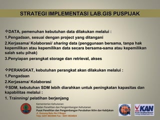 STRATEGI IMPLEMENTASI LAB.GIS PUSPIJAK


DATA, pemenuhan kebutuhan data dilakukan melalui :
1.Pengadaan, sesuai dengan project yang ditangani
2.Kerjasama/ Kolaborasi/ sharing data (penggunaan bersama, tanpa hak
kepemilikan atau kepemilikan data secara bersama-sama atau kepemilikan
salah satu pihak)
3.Penyiapan perangkat storage dan retrieval, akses

PERANGKAT, kebutuhan perangkat akan dilakukan melalui :
1.Pengadaan
2.Kerjasama/ Kolaborasi
SDM, kebutuhan SDM lebih diarahkan untuk peningkatan kapasitas dan
kapabilitas melalui :
1. Trainning/ pelatihan berjenjang
               Kementerian Kehutanan
               Badan Penelitian dan Pengembangan Kehutanan
               Pusat Penelitian dan Pengembangan Perubahan Iklim dan Kebijakan
               Jl. Gunung Batu No.5 Bogor
               Telp: 0251 8633944 Fax : 0251 8634924
 