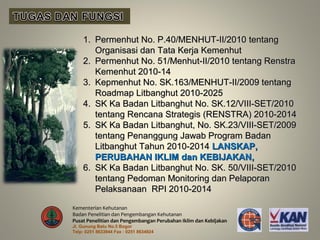 1. Permenhut No. P.40/MENHUT-II/2010 tentang
       Organisasi dan Tata Kerja Kemenhut
    2. Permenhut No. 51/Menhut-II/2010 tentang Renstra
       Kemenhut 2010-14
    3. Kepmenhut No. SK.163/MENHUT-II/2009 tentang
       Roadmap Litbanghut 2010-2025
    4. SK Ka Badan Litbanghut No. SK.12/VIII-SET/2010
       tentang Rencana Strategis (RENSTRA) 2010-2014
    5. SK Ka Badan Litbanghut, No. SK.23/VIII-SET/2009
       tentang Penanggung Jawab Program Badan
       Litbanghut Tahun 2010-2014 LANSKAP,
       PERUBAHAN IKLIM dan KEBIJAKAN,
    6. SK Ka Badan Litbanghut No. SK. 50/VIII-SET/2010
       tentang Pedoman Monitoring dan Pelaporan
       Pelaksanaan RPI 2010-2014
Kementerian Kehutanan
Badan Penelitian dan Pengembangan Kehutanan
Pusat Penelitian dan Pengembangan Perubahan Iklim dan Kebijakan
Jl. Gunung Batu No.5 Bogor
Telp: 0251 8633944 Fax : 0251 8634924
 