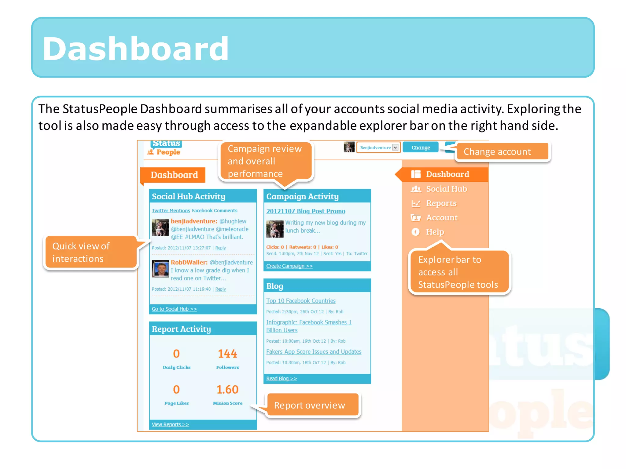 Dashboard
The StatusPeople Dashboard summarises all of your accounts social media activity. Exploring the
tool is also made easy through access to the expandable explorer bar on the right hand side.
                                 Campaign review                            Change account
                                 and overall
                                 performance




  Quick view of
  interactions                                                    Explorer bar to
                                                                  access all
                                                                  StatusPeople tools




                                          Report overview
 