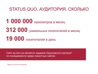 STATUS QUO. АУДИТОРИЯ. СКОЛЬКО
1 000 000 просмотров в месяц
312 000 уникальных посетителей в месяц
19 000 посетителей в де...