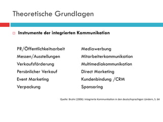 Theoretische Grundlagen

¨    Instrumente der integrierten Kommunikation


      PR/Öffentlichkeitsarbeit                       Mediawerbung
      Messen/Ausstellungen                           Mitarbeiterkommunikation
      Verkaufsförderung                              Multimediakommunikation
      Persönlicher Verkauf                           Direct Marketing
      Event Marketing                                Kundenbindung /CRM
      Verpackung                                     Sponsoring

                             Quelle:	
  Bruhn	
  (2006):	
  Integrierte	
  Kommunika9on	
  in	
  den	
  deutschsprachigen	
  Ländern,	
  S.	
  64
 
