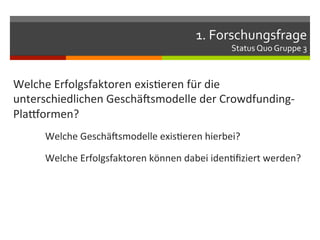 1.	
  Forschungsfrage	
  
                                                              Status	
  Quo	
  Gruppe	
  3	
  



Welche	
  Erfolgsfaktoren	
  exisFeren	
  für	
  die	
  
unterschiedlichen	
  GeschäIsmodelle	
  der	
  Crowdfunding-­‐
PlaLormen?	
  	
  
      	
  Welche	
  GeschäIsmodelle	
  exisFeren	
  hierbei?	
  

      	
  Welche	
  Erfolgsfaktoren	
  können	
  dabei	
  idenFﬁziert	
  werden?	
  
 
