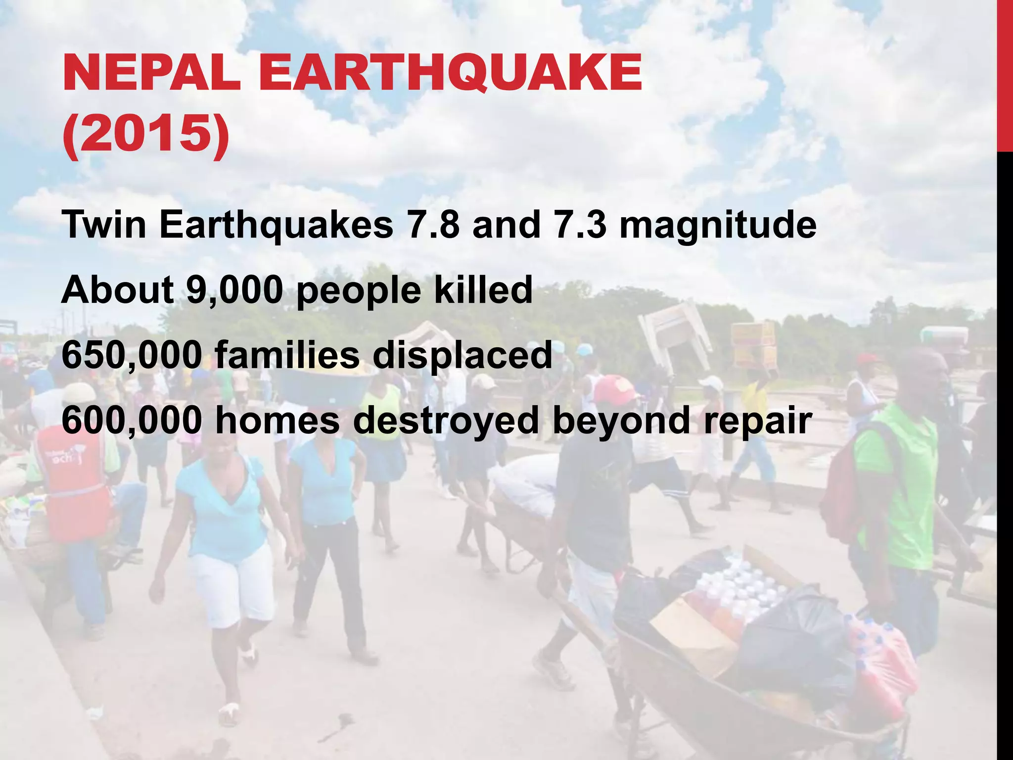 NEPAL EARTHQUAKE
(2015)
Twin Earthquakes 7.8 and 7.3 magnitude
About 9,000 people killed
650,000 families displaced
600,000 homes destroyed beyond repair
 