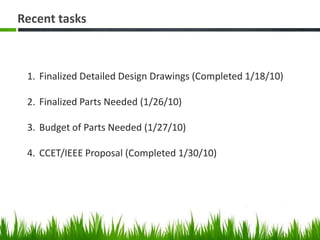 Recent tasksFinalized Detailed Design Drawings (Completed 1/18/10)Finalized Parts Needed (1/26/10)Budget of Parts Needed (1/27/10)CCET/IEEE Proposal (Completed 1/30/10)
