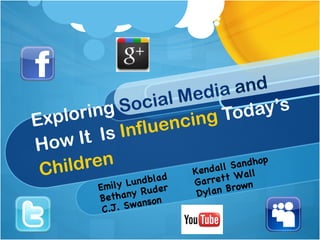Exploring  Social Media  and  How It  Is  Influencing  Today’s  Children Emily Lundblad  Kendall Sandhop Bethany Ruder Garrett Wall C.J. Swanson Dylan Brown 