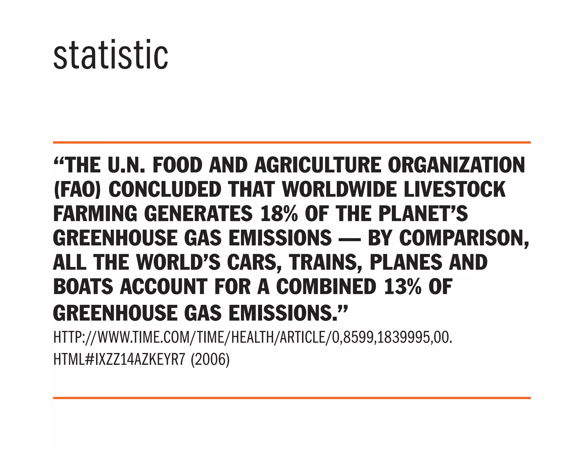 statistic
“the U.N. Food and Agriculture Organization
(FAO) concluded that worldwide livestock
farming generates 18% of the planet’s
greenhouse gas emissions — by comparison,
all the world’s cars, trains, planes and
boats account for a combined 13% of
greenhouse gas emissions.”
http://www.time.com/time/health/article/0,8599,1839995,00.
html#ixzz14AZKEyR7 (2006)
 