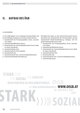 17. Ögb-bundeskongress 2009




ii.      aufbau des Ögb



§ 4 gLiederung

(1) der ÖGb gliedert sich in folgende Gewerkschaften, die   Mit Ablauf des tages, an dem übereinstimmende Fusions-
als rechtsfähige Zweigvereine errichtet werden können:      beschlüsse der Gewerkschaft der Chemiearbeiter und der
1. Gewerkschaft der Privatangestellten, druck, Journalis-   Gewerkschaft Metall-textil-Nahrung vorliegen, tritt fol-
    mus, Papier                                             gende Statutenänderung in Kraft:
2. Gewerkschaft Öffentlicher dienst                         1. Gewerkschaft der Privatangestellten, druck, Journalis-
3. Gewerkschaft der Gemeindebediensteten-Kunst, Medi-          mus, Papier
    en, Sport, freie berufe                                 2. Gewerkschaft Öffentlicher dienst
4. Gewerkschaft bau-Holz                                    3. Gewerkschaft der Gemeindebediensteten-Kunst, Medi-
5. Gewerkschaft der Chemiearbeiter                             en, Sport, freie berufe
6. Gewerkschaft vida                                        4. Gewerkschaft bau-Holz
7. Gewerkschaft der Post- und Fernmeldebediensteten         5. Gewerkschaft vida
8. Gewerkschaft Metall-textil-Nahrung                       6. Gewerkschaft der Post- und Fernmeldebediensteten
                                                            7. Gewerkschaft pro.ge




12         AUFbAU deS ÖGb
 
