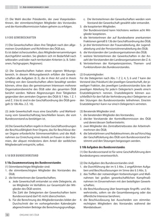17. Ögb-bundeskongress 2009




(7) die Wahl des/der Präsidentin, der zwei Vizepräsiden-              c. die Vertreterinnen der Gewerkschaften werden vom
tinnen, der stimmberechtigten Mitglieder des Vorstandes                   Vorstand der Gewerkschaft gewählt oder entsendet.
und der Kontrollkommission haben geheim zu erfolgen.             3.   die kooptierten Mitglieder;
                                                                      der bundesvorstand kann höchstens weitere acht Mit-
                                                                      glieder kooptieren.
§ 9 die gewerkschaften                                           4.   die Vertreterinnen der auf bundesebene anerkannten
                                                                      Fraktionen gemäß § 13b der Geschäftsordnung des ÖGb;
(1) die Gewerkschaften üben ihre tätigkeit nach den allge-       5.   je drei Vertreterinnen der Frauenabteilung, der Jugend-
meinen Grundsätzen und Richtlinien des ÖGb aus.                       abteilung und der Pensionistinnenabteilung des ÖGb;
es ist dabei sicherzustellen, dass Mitgliederversammlungen       6.   die Vorsitzenden der Landesorganisationen des ÖGb;
durchgeführt werden. Sie gliedern sich im bedarfsfall nach       7.   weitere Vertreterinnen der Gewerkschaften in der An-
sektoralen und/oder nach territorialen Kriterien (z. b. Sekti-        zahl der Vorsitzenden der Landesorganisationen der Z. 6;
onen, Fachgruppen, Regionen).                                    8.   Vertreterinnen der Kompetenzzentren, themen- und
                                                                      Funktionsforen des bundesvorstandes.
(2) die Gewerkschaften haben einen eigenen Wirkungs-
bereich. in diesem Wirkungsbereich erfüllen die Gewerk-          (2) ersatzmitglieder:
schaften alle Aufgaben (§ 3), die in ihrer Art und in ihrem      Für die delegierten nach Abs. 1 Z 2, 4, 5, 6 und 7 kann der
Umfang von den Gewerkschaften allein bewältigt werden            Vorstand (das Präsidium) der jeweiligen Gewerkschaft, der je-
können, ohne dass die gemeinsamen interessen mehrerer            weiligen Fraktion, des jeweiligen Landesvorstandes bzw. der
Organisationsbereiche des ÖGb oder des gesamten ÖGb              jeweiligen Abteilung für jede/n delegierte/n jeweils eine/n
berührt werden. Nähere Abgrenzungen ihrer tätigkeiten            ersatzdelegierte/n nennen. ersatzdelegierte können aus-
gegenüber den zentralen Organen des ÖGb (§ 7 Abs. 1 Z. 1         schließlich für den Fall der Verhinderung des/r delegierten an
und Z. 3 bis 6) sind in der Geschäftsordnung des ÖGb gere-       den Sitzungen des bundesvorstandes teilnehmen. eine/ein
gelt (§ 10b Abs. 2 Z. 10).                                       ersatzdelegierte/r kann nur eine/n delegierte/n vertreten.

(3) Jede Gewerkschaft muss eine Geschäfts- und Wahlord-          (3) beratende Mitglieder sind:
nung vom Gewerkschaftstag beschließen lassen, die vom            1. die beratenden Mitglieder des Vorstandes;
bundesvorstand zu bestätigen ist.                                2. die/der Vorsitzende der Kontrollkommission des ÖGb
                                                                     und deren/dessen Stellvertreterin;
(4) die Gewerkschaften regeln in ihren Geschäftsordnungen        3. zwei Mitglieder des Zentralbetriebsrates der Arbeitneh-
die beschlussfähigkeit ihrer Organe, das für beschlüsse die-         merinnen des ÖGb;
ser Organe erforderliche Stimmenverhältnis und die Maß-          4. die Sekretärinnen und Redakteurinnen, die auf Vorschlag
nahmen zur erreichung eines Anteils an Frauen in den Gre-            der Geschäftsleitung des ÖGb vom bundesvorstand be-
mien, der aliquot mindestens dem Anteil der weiblichen               stimmt und den Sitzungen beigezogen werden.
Mitgliederzahl entspricht, selbst.
                                                                 § 10b aufgaben des bundesvorstandes
                                                                 (1) der bundesvorstand ist für seine Geschäftsführung dem
§ 10 der bundesvorstand                                          bundeskongress verantwortlich.

§ 10a Zusammensetzung des bundesvorstandes                       (2) die Aufgaben des bundesvorstandes sind:
(1) Stimmberechtigte Mitglieder sind:                            1. die durchführung der im § 3 Abs. 2 angeführten Aufga-
1. die stimmberechtigten Mitglieder des Vorstandes des               ben und beschlussfassungen im Sinne des § 3 Abs. 3;
    ÖGb;                                                         2. das treffen der notwendigen Vorbereitungen und Maß-
2. die Vertreterinnen der Gewerkschaften;                            nahmen bei großen gewerkschaftlichen Kampfmaß-
    a. Jede Gewerkschaft entsendet so viele delegierte, als          nahmen im einvernehmen mit den beteiligten Gewerk-
       sie Mitglieder im Verhältnis zur Gesamtzahl der Mit-          schaften;
       glieder des ÖGb vereint.                                  3. die beschlussfassung über beantragte Angriffs- und Ab-
       die Zahl der delegierten der Gewerkschaften beim              wehrstreiks, sofern sie die Gesamtbewegung oder das
       bundesvorstand darf 45 nicht überschreiten.                   öffentliche interesse berühren;
    b. Für die berechnung des Mitgliederstandes bildet der       4. die beschlussfassung bei Ausscheiden von stimmbe-
       durchschnitt der im vorhergehenden Kalenderjahr               rechtigten Mitgliedern des Vorstandes während der
       abgerechneten beiträge die berechnungsgrundlage.              Mandatsdauer:

16          ORGANe deS ÖGb
 