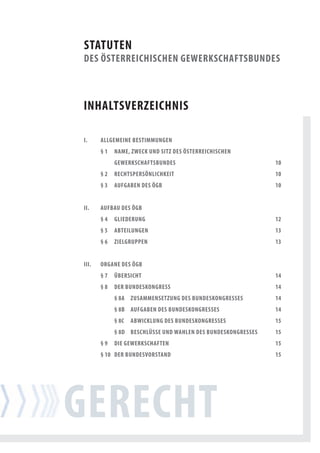 statuten
des Österreichischen gewerkschaftsbundes



inhaLtsverZeichnis

i.     aLLgemeine bestimmungen
       §1   name, Zweck und sitZ des Österreichischen
            gewerkschaftsbundes                                     10
       §2   rechtspersÖnLichkeit                                    10
       §3   aufgaben des Ögb                                        10


ii.    aufbau des Ögb
       §4   gLiederung                                              12
       §5   abteiLungen                                             13
       §6   ZieLgruppen                                             13


iii.   organe des Ögb
       §7   Übersicht                                               14
       §8   der bundeskongress                                      14
            § 8a ZusammensetZung des bundeskongresses               14
            § 8b aufgaben des bundeskongresses                      14
            § 8c   abwickLung des bundeskongresses                  15
            § 8d beschLÜsse und wahLen des bundeskongresses         15
       §9   die gewerkschaften                                      15
       § 10 der bundesvorstand                                      15




gerecht                                                 MetAtiteL HieR   7
 
