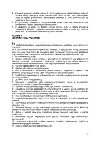 2. W sytuacji rażących przypadków związanych z przyprowadzaniem do przedszkola dzieci będących
w trakcie infekcji zagrażającej zdrowiu dziecka i innych osób z placówki, nauczyciel ma prawo
żądać od rodziców przedstawienia zaświadczenia lekarskiego o braku przeciwwskazań do
uczęszczania do przedszkola.
3. W przypadku złego samopoczucia lub wypadku dziecka, rodzice, opiekunowie zostają niezwłocznie
powiadomieni, a dziecku udzielana jest pierwsza pomoc .
4. W przedszkolu nie podaje się dzieciom żadnych lekarstw, chyba że rodzice przedstawią
zaświadczenie lekarskie z zaleceniem podawania lekarstwa dziecku w czasie jego pobytu w
przedszkolu, ze wskazaniem dawkowania i sposobu użycia leku.
ROZDZIAŁ V
NAUCZYCIELE I INNI PRACOWNICY
§ 22
1. W przedszkolu zatrudnia się nauczycieli posiadających odpowiednie kwalifikacje zgodnie z odrębnymi
przepisami.
1a. W uzasadnionych przypadkach w przedszkolu może być, za zgodą kuratora oświaty, zatrudniona
osoba niebędąca nauczycielem do prowadzenia zajęć rozwijających zainteresowania, posiadająca
przygotowanie uznane przez dyrektora przedszkola za odpowiednie do prowadzenia danych zajęć.
1. Nauczyciele obowiązani są :
1) rzetelnie realizować zadania związane z powierzonym im stanowiskiem oraz podstawowymi
funkcjami przedszkola : wychowawczą, dydaktyczną i opiekuńczą, w tym zadania związane z
zapewnieniem bezpieczeństwa dzieciom w czasie zajęć organizowanych przez przedszkole,
2) wspierać każdego ucznia w jego rozwoju,
3) dążyć do pełni własnego rozwoju osobowego,
4) dbać o kształtowanie u wychowanków postaw moralnych i obywatelskich zgodnie z ideą
demokracji, pokoju i przyjaźni między ludźmi różnych narodów, ras i światopoglądów,
5) kształcić i wychowywać dzieci w umiłowaniu ojczyzny, w atmosferze wolności sumienia i szacunku
dla każdego człowieka.
2. Do zakresu zadań nauczycieli należy:
1) planowanie i prowadzenie pracy dydaktyczno-wychowawczej zgodnie z obowiązującym
programem, ponoszenie odpowiedzialności za jej jakość,
2) wspieranie rozwoju psychofizycznego dziecka, jego zdolności i zainteresowań,
3) prowadzenie obserwacji pedagogicznych, dokumentowanych w ustalony sposób, zakończonych
analizą i oceną gotowości dziecka do podjęcia nauki w szkole, opracowanie „Informacji o gotowości
dziecka do podjęcia nauki w szkole podstawowej” dla rodziców,
4) stosowanie twórczych i nowoczesnych metod nauczania i wychowania,
5) zapewnienie bezpieczeństwa dzieci podczas pobytu w przedszkolu i w czasie wycieczek oraz
spacerów,
6) współpraca ze specjalistami świadczącymi wykwalifikowaną pomoc psychologiczno-pedagogiczną,
zdrowotną i inną,
7) planowanie własnego rozwoju zawodowego- systematyczne podnoszenie swoich kwalifikacji
zawodowych oraz aktywne uczestnictwo w różnych formach doskonalenia zawodowego,
8) dbałość o warsztat pracy przez gromadzenie pomocy naukowych oraz troskę o estetykę
pomieszczeń,
9) eliminowanie przyczyn niepowodzeń dzieci poprzez prowadzenie zajęć indywidualnych,
wyrównawczych,
10) prowadzenie dokumentacji przebiegu nauczania, działalności wychowawczej i opiekuńczej
zgodnie z obowiązującymi przepisami,
11) realizacja zaleceń dyrektora i osób kontrolujących,
16
 