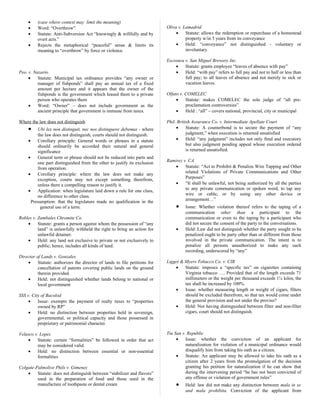 • (case where context may limit the meaning)
• Word: “Overthrow”
• Statute: Anti-Subversion Act “knowingly & willfully and by
overt acts.”
• Rejects the metaphorical “peaceful” sense & limits its
meaning to “overthrow” by force or violence.
Peo. v. Nazario
• Statute: Municipal tax ordinance provides “any owner or
manager of fishponds” shall pay an annual tax of a fixed
amount per hectare and it appears that the owner of the
fishponds is the government which leased them to a private
person who operates them
• Word: “Owner” – does not include government as the
ancient principle that government is immune from taxes.
Where the law does not distinguish
• Ubi lex non distinguit, nec nos distinguere debemus - where
the law does not distinguish, courts should not distinguish.
• Corollary principle: General words or phrases in a statute
should ordinarily be accorded their natural and general
significance
• General term or phrase should not be reduced into parts and
one part distinguished from the other to justify its exclusion
from operation.
• Corollary principle: where the law does not make any
exception, courts may not except something therefrom,
unless there a compelling reason to justify it.
• Application: when legislature laid down a rule for one class,
no difference to other class.
Presumption: that the legislature made no qualification in the
general use of a term.
Robles v. Zambales Chromite Co.
• Statute: grants a person against whom the possession of “any
land” is unlawfully withheld the right to bring an action for
unlawful detainer.
• Held: any land not exclusive to private or not exclusively to
public; hence, includes all kinds of land.
Director of Lands v. Gonzales
• Statute: authorizes the director of lands to file petitions for
cancellation of patents covering public lands on the ground
therein provided.
• Held: not distinguished whether lands belong to national or
local government
SSS v. City of Bacolod
• Issue: exempts the payment of realty taxes to “properties
owned by RP”
• Held: no distinction between properties held in sovereign,
governmental, or political capacity and those possessed in
proprietary or patrimonial character.
Velasco v. Lopez
• Statute: certain “formalities” be followed in order that act
may be considered valid.
• Held: no distinction between essential or non-essential
formalities
Colgate-Palmolive Phils v. Gimenez
• Statute: does not distinguish between “stabilizer and flavors”
used in the preparation of food and those used in the
manufacture of toothpaste or dental cream
Oliva v. Lamadrid
• Statute: allows the redemption or repurchase of a homestead
property w/in 5 years from its conveyance
• Held: “conveyance” not distinguished - voluntary or
involuntary.
Escosura v. San Miguel Brewery Inc.
• Statute: grants employee “leaves of absence with pay”
• Held: “with pay” refers to full pay and not to half or less than
full pay; to all leaves of absence and not merely to sick or
vacation leaves.
Olfato v. COMELEC
• Statute: makes COMELEC the sole judge of “all pre-
proclamation controversies”
• Held : “all” – covers national, provincial, city or municipal
Phil. British Assurance Co. v. Intermediate Apellate Court
• Statute: A counterbond is to secure the payment of “any
judgment,” when execution is returned unsatisfied
• Held: “any judgment” includes not only final and executory
but also judgment pending appeal whose execution ordered
is returned unsatisfied.
Ramirez v. CA
• Statute: “Act to Prohibit & Penalize Wire Tapping and Other
related Violations of Private Communications and Other
Purposes”
• “It shall be unlawful, not being authorized by all the parties
to any private communication or spoken word, to tap any
wire or cable, or by using any other device or
arrangement…”
• Issue: Whether violation thereof refers to the taping of a
communication other than a participant to the
communication or even to the taping by a participant who
did not secure the consent of the party to the conversations.
• Held: Law did not distinguish whether the party sought to be
penalized ought to be party other than or different from those
involved in the private communication. The intent is to
penalize all persons unauthorized to make any such
recording, underscored by “any”
Ligget & Myers Tobacco Co. v. CIR
• Statute: imposes a “specific tax” on cigarettes containing
Virginia tobacco …. Provided that of the length exceeds 71
millimeters or the weight per thousand exceeds 1¼ kilos, the
tax shall be increased by 100%.
• Issue: whether measuring length or weight of cigars, filters
should be excluded therefrom, so that tax would come under
the general provision and not under the proviso?
• Held: Not having distinguished between filter and non-filter
cigars, court should not distinguish.
Tiu San v. Republic
• Issue: whether the conviction of an applicant for
naturalization for violation of a municipal ordinance would
disqualify him from taking his oath as a citizen.
• Statute: An applicant may be allowed to take his oath as a
citizen after 2 years from the promulgation of the decision
granting his petition for naturalization if he can show that
during the intervening period “he has not been convicted of
any offense or violation of government rules”
• Held: law did not make any distinction between mala in se
and mala prohibita. Conviction of the applicant from
 