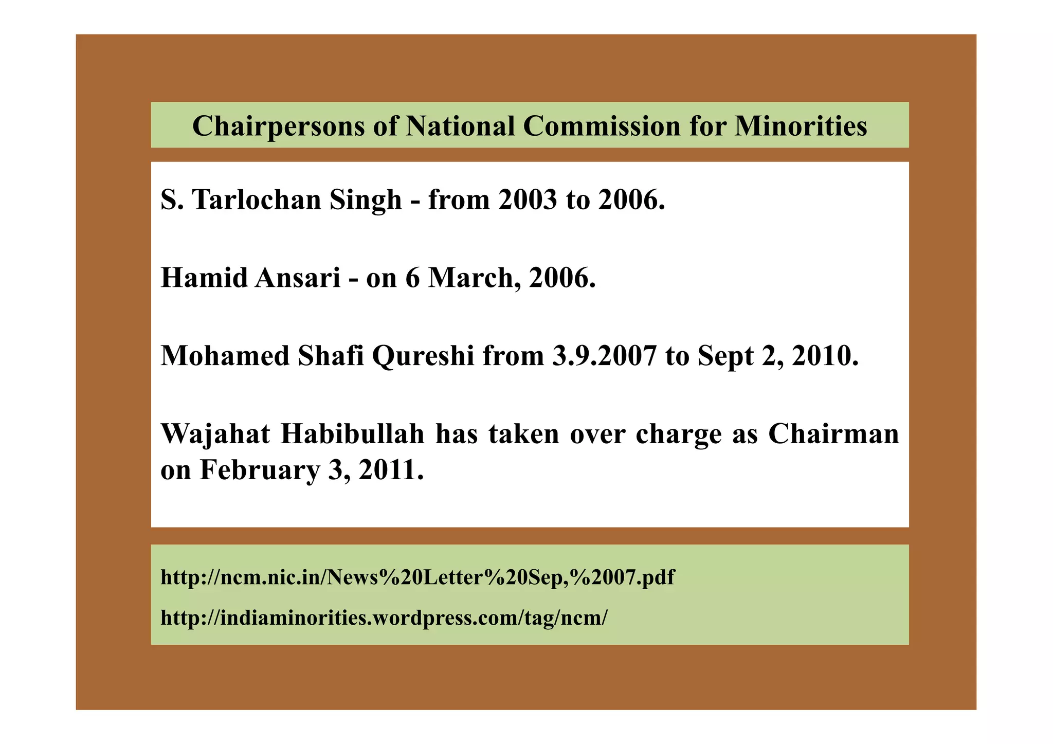 S. Tarlochan Singh - from 2003 to 2006.
Hamid Ansari - on 6 March, 2006.
Mohamed Shafi Qureshi from 3.9.2007 to Sept 2, 2010.
Chairpersons of National Commission for Minorities
Wajahat Habibullah has taken over charge as Chairman
on February 3, 2011.
http://ncm.nic.in/News%20Letter%20Sep,%2007.pdf
http://indiaminorities.wordpress.com/tag/ncm/
 