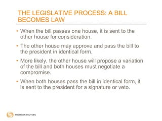 THE LEGISLATIVE PROCESS: A BILL
BECOMES LAW
• When the bill passes one house, it is sent to the
other house for consideration.

• The other house may approve and pass the bill to
the president in identical form.
• More likely, the other house will propose a variation
of the bill and both houses must negotiate a
compromise.
• When both houses pass the bill in identical form, it
is sent to the president for a signature or veto.

 