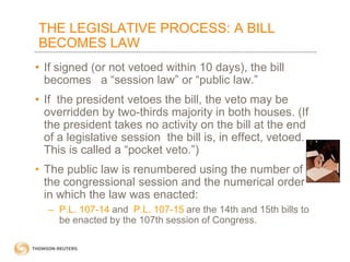 THE LEGISLATIVE PROCESS: A BILL
BECOMES LAW
• If signed (or not vetoed within 10 days), the bill
becomes a “session law” or “public law.”

• If the president vetoes the bill, the veto may be
overridden by two-thirds majority in both houses. (If
the president takes no activity on the bill at the end
of a legislative session the bill is, in effect, vetoed.
This is called a “pocket veto.”)
• The public law is renumbered using the number of
the congressional session and the numerical order
in which the law was enacted:
– P.L. 107-14 and P.L. 107-15 are the 14th and 15th bills to
be enacted by the 107th session of Congress.

 