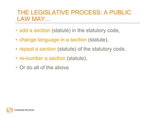 THE LEGISLATIVE PROCESS: A PUBLIC
LAW MAY…
• add a section (statute) in the statutory code,
• change language in a section (statute),
• repeal a section (statute) of the statutory code,
• re-number a section (statute),

• Or do all of the above

 