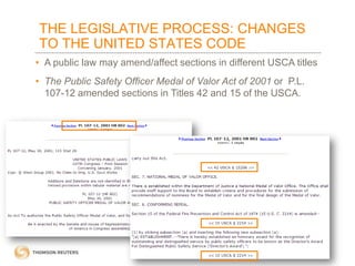 THE LEGISLATIVE PROCESS: CHANGES
TO THE UNITED STATES CODE
• A public law may amend/affect sections in different USCA titles
• The Public Safety Officer Medal of Valor Act of 2001 or P.L.
107-12 amended sections in Titles 42 and 15 of the USCA.

 