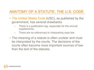 ANATOMY OF A STATUTE: THE U.S. CODE
• The United States Code (USC), as published by the
government, has several drawbacks
–
–

There is a publication lag, especially for the annual
supplements.
There are no references to interpreting case law.

• The meaning of a statute is often unclear and must
be interpreted by the courts. The decisions of the
courts often become more important sources of law
than the text of the statutes.

 