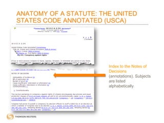 ANATOMY OF A STATUTE: THE UNITED
STATES CODE ANNOTATED (USCA)

Index to the Notes of
Decisions
(annotations). Subjects
are listed
alphabetically

 