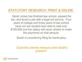 STATUTORY RESEARCH: PRINT & ONLINE
Sarah Jones has finished law school, passed the
bar, and found a job with a legal aid service. Four
years of college and three years of law school
have run her student loan debt to well over
$100,000 and her salary will never stretch to make
the payments on that amount.

Sarah is considering filing for bankruptcy.
Could this extreme measure solve Sarah’s
problem?

 